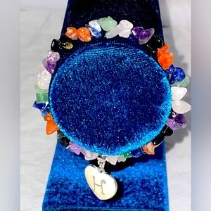 “H” initial silver charm, rocks, gemstone, chakra bracelet -stretchy elastic
